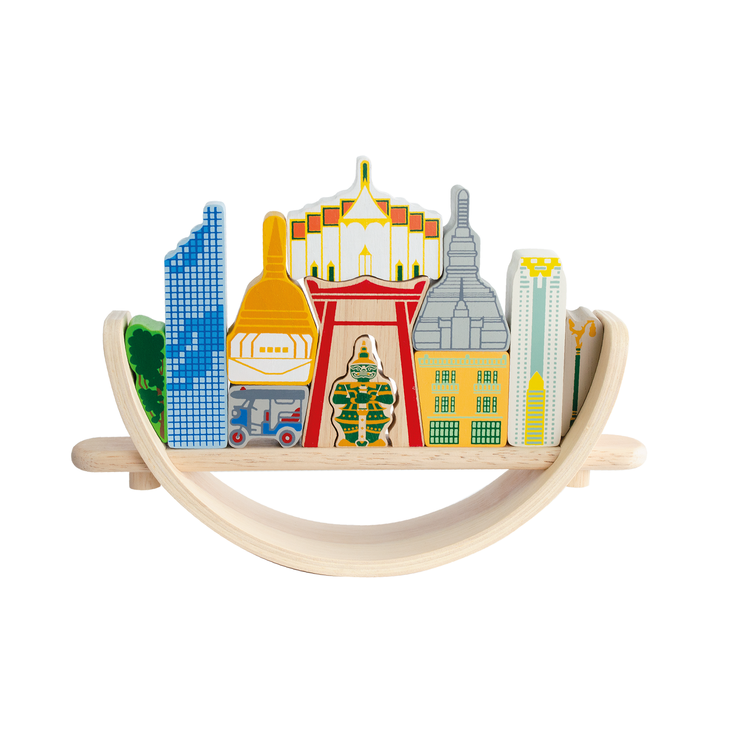 A colorful balancing toy set representing a Bangkok cityscape, with various landmarks trying to balance on a crescent base.