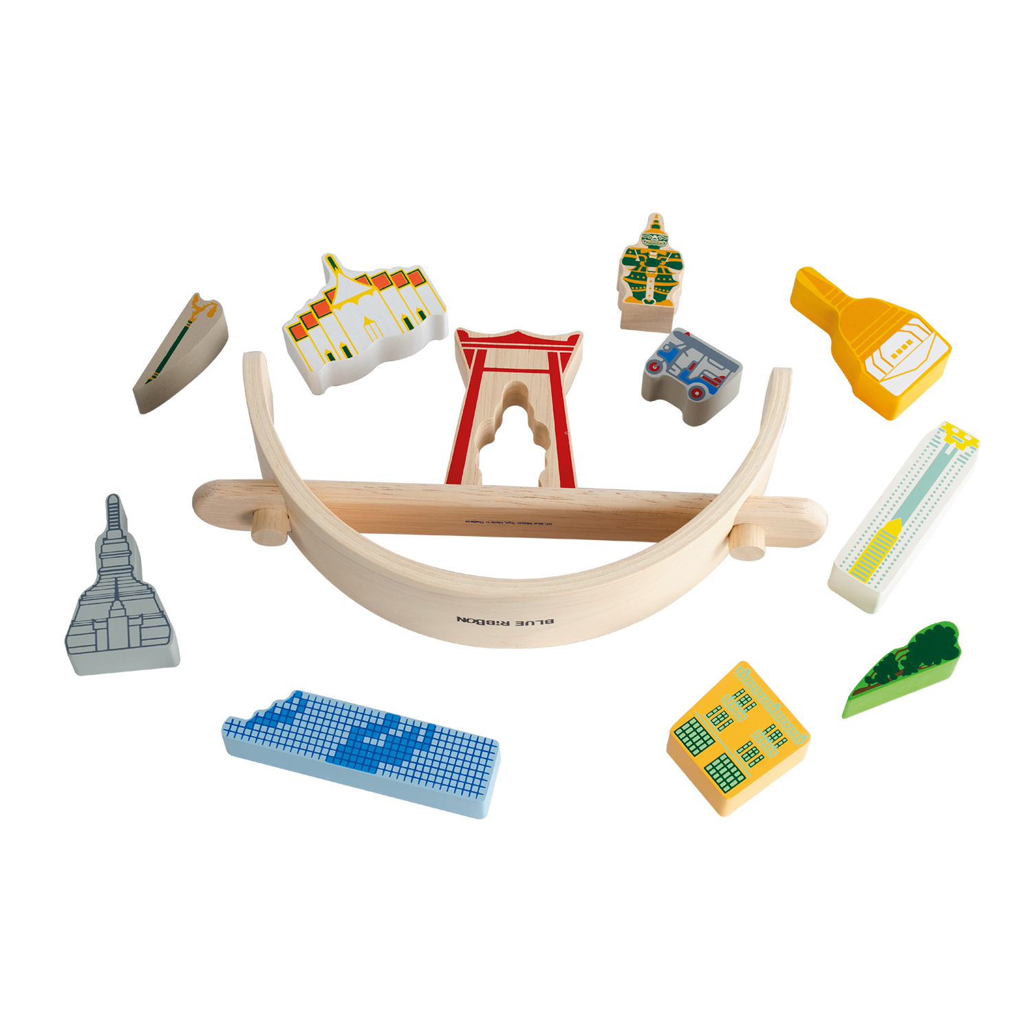 A colorful balancing toy set representing a Bangkok cityscape, with various landmarks trying to balance on a crescent base.