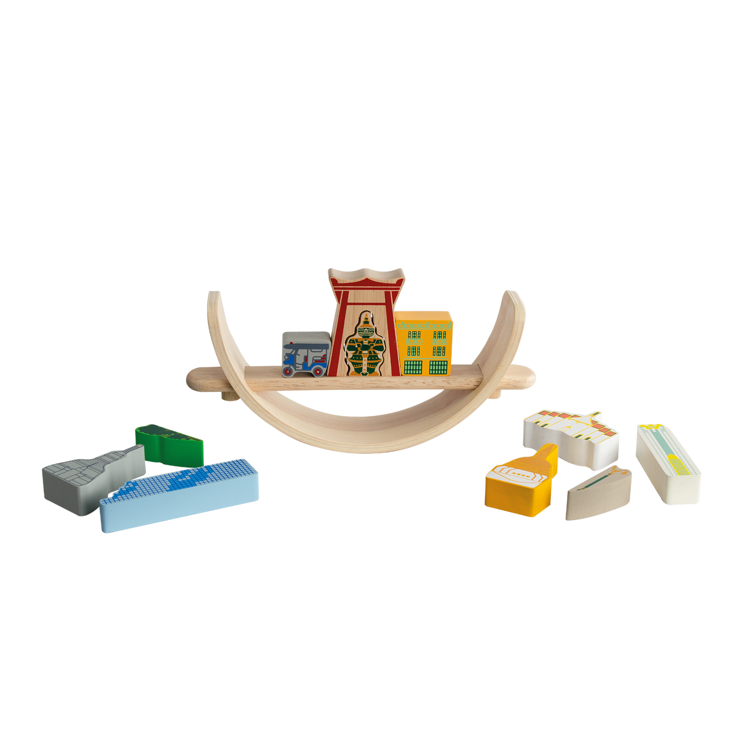 A colorful balancing toy set representing a Bangkok cityscape, with various landmarks trying to balance on a crescent base.