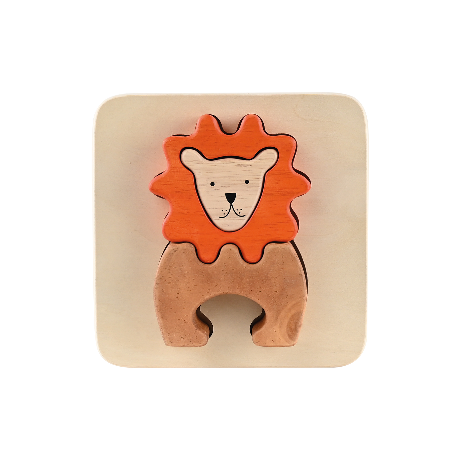 A wooden tray puzzle shaped like a lion with a brown mane and a light brown body.
