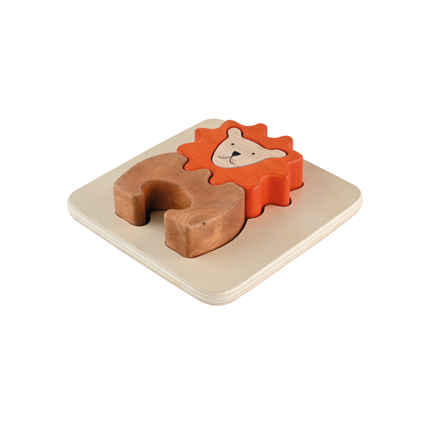 A wooden tray puzzle shaped like a lion with a brown mane and a light brown body.