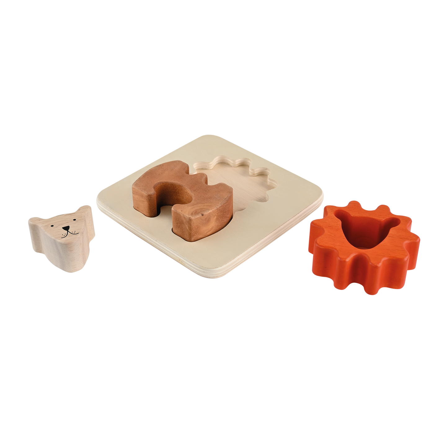 A wooden tray puzzle shaped like a lion with a brown mane and a light brown body.