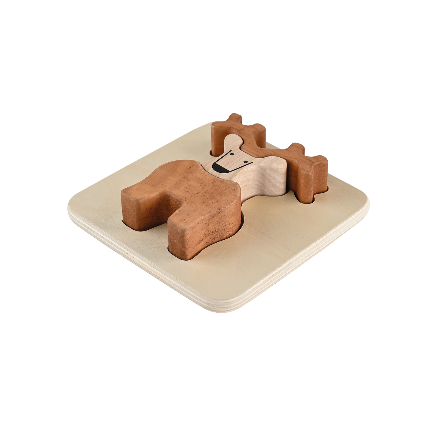 A wooden tray puzzle in the shape of a reindeer, with large block pieces designed for early childhood development.