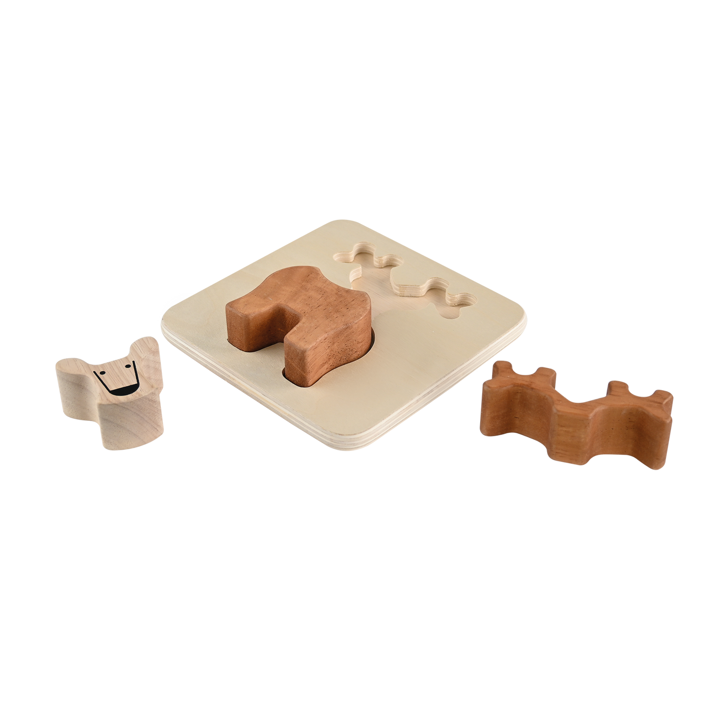A wooden tray puzzle in the shape of a reindeer, with large block pieces designed for early childhood development.