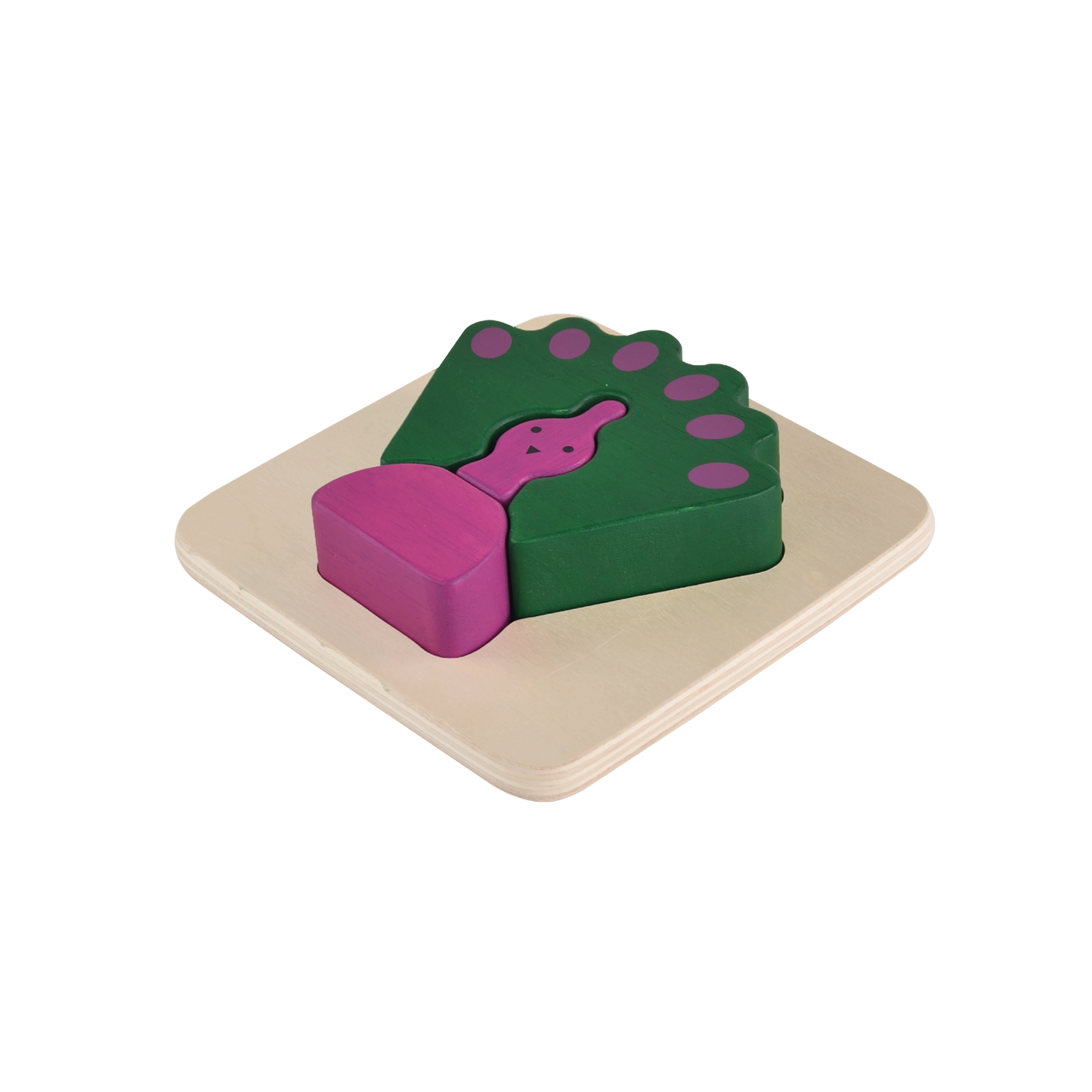 A wooden puzzle piece in the shape of a peacock with green and purple colors.