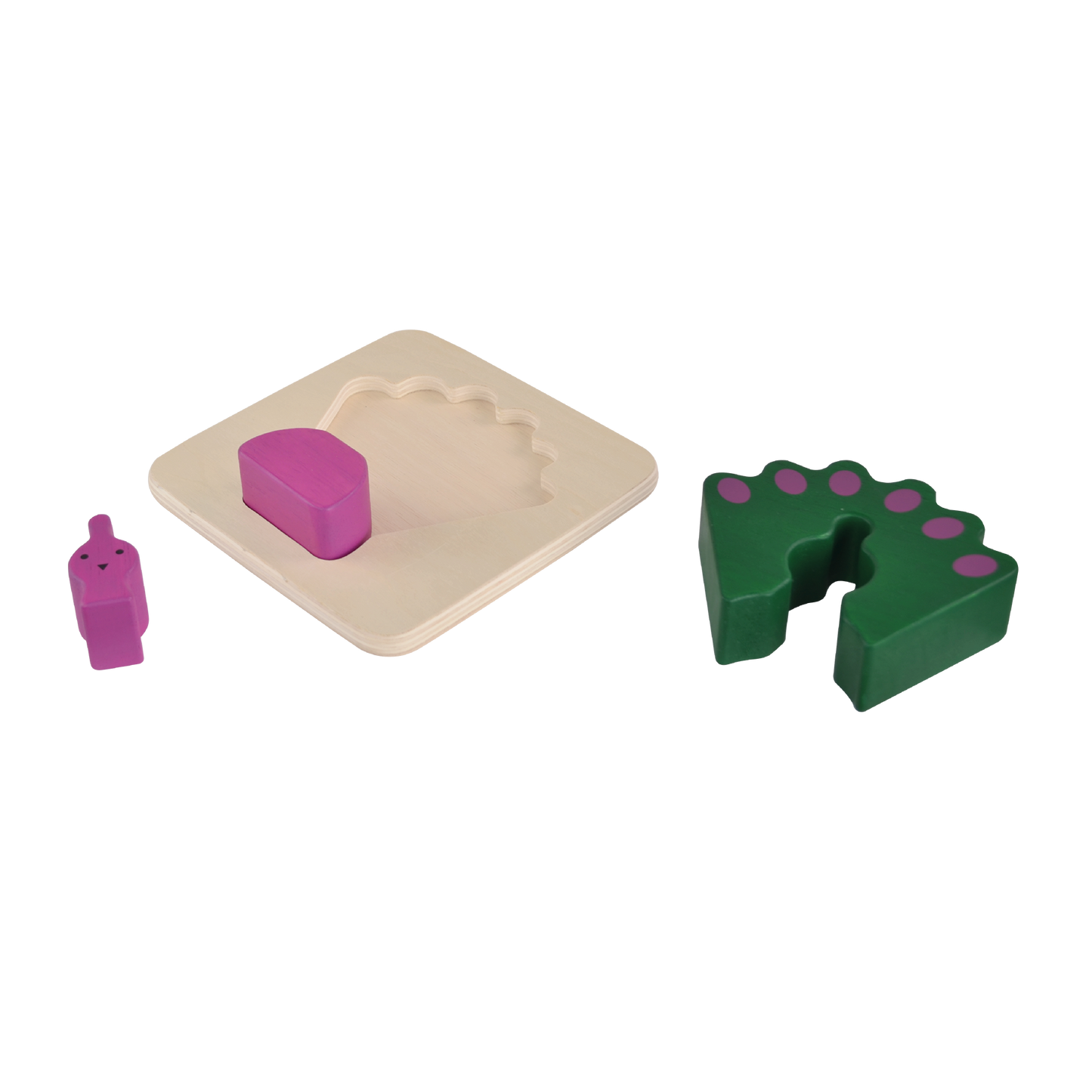 A wooden puzzle piece in the shape of a peacock with green and purple colors.