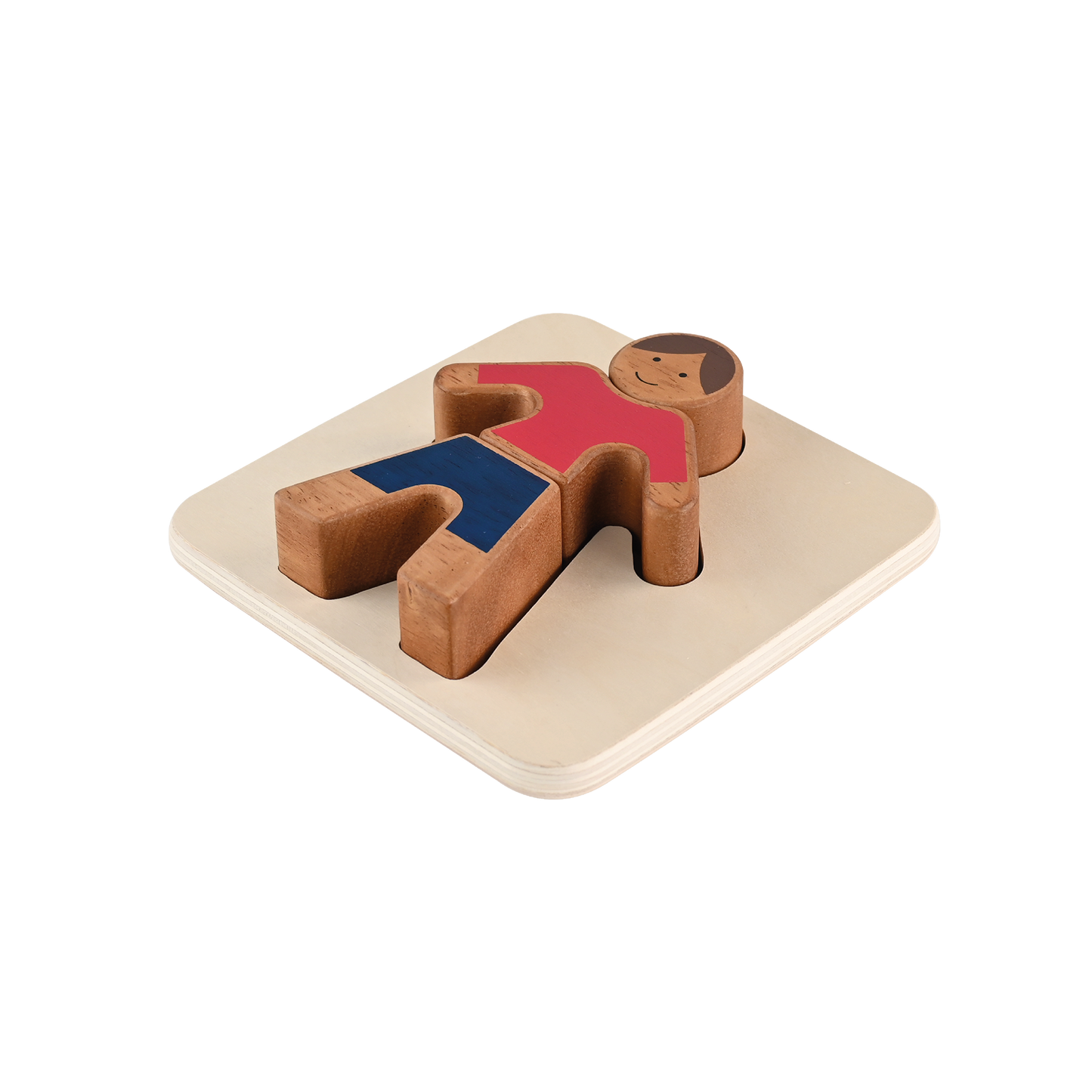 A wooden tray puzzle featuring a boy with large block pieces in a red shirt and blue pants.