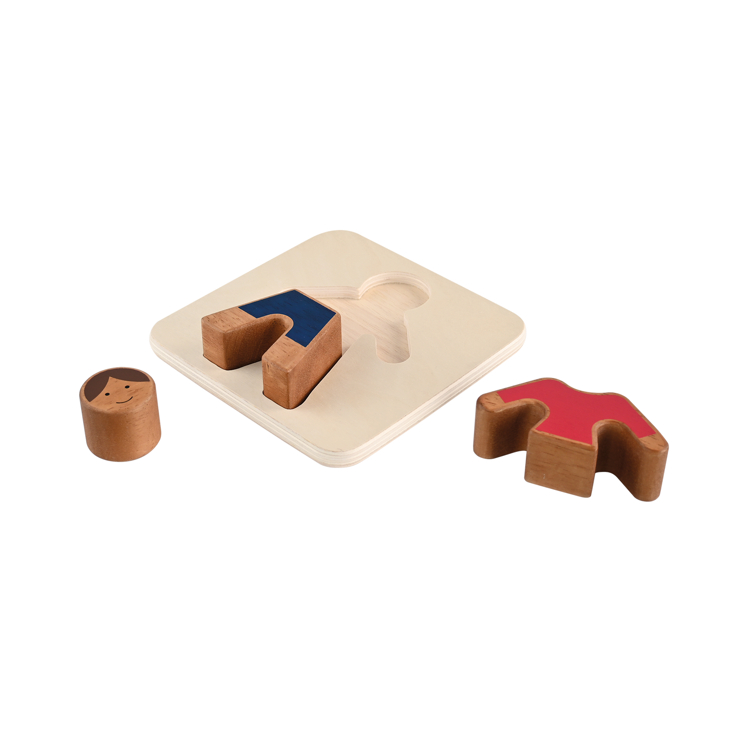A wooden tray puzzle featuring a boy with large block pieces in a red shirt and blue pants.