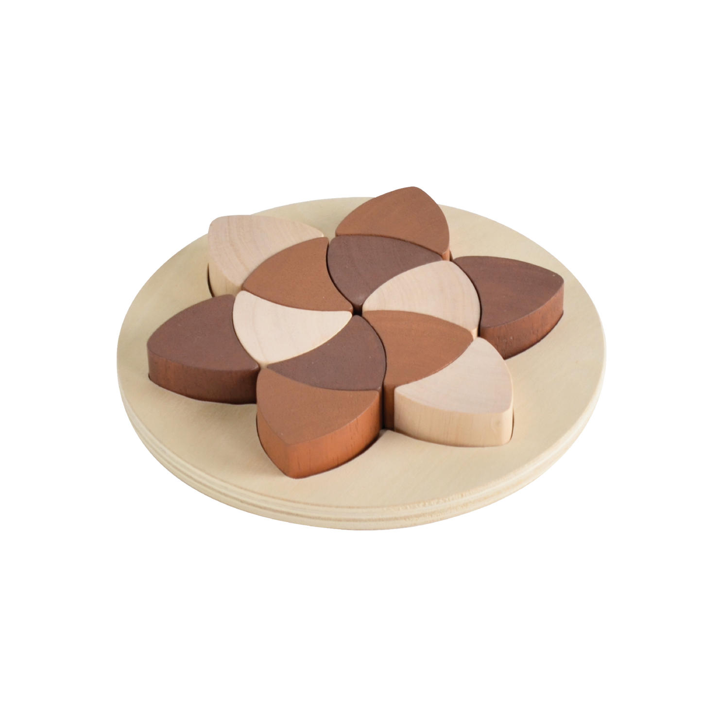 A wooden puzzle toy consisting of twelve single shape parquetry pieces in beige, brown, and white, fitted into a circular tray.