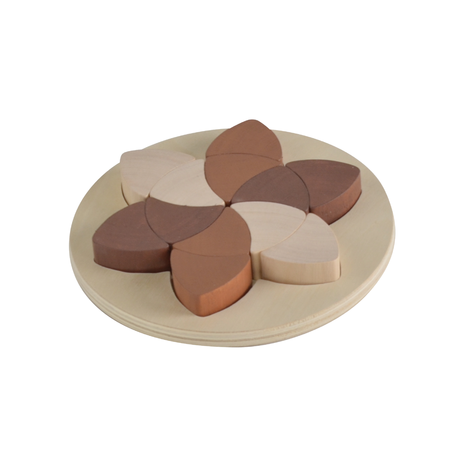 A wooden puzzle toy consisting of twelve single shape parquetry pieces in beige, brown, and white, fitted into a circular tray.