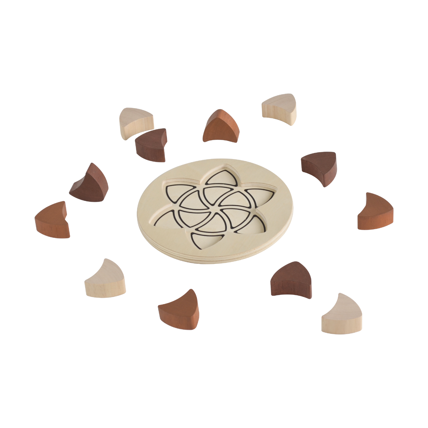 A wooden puzzle toy consisting of twelve single shape parquetry pieces in beige, brown, and white, fitted into a circular tray.