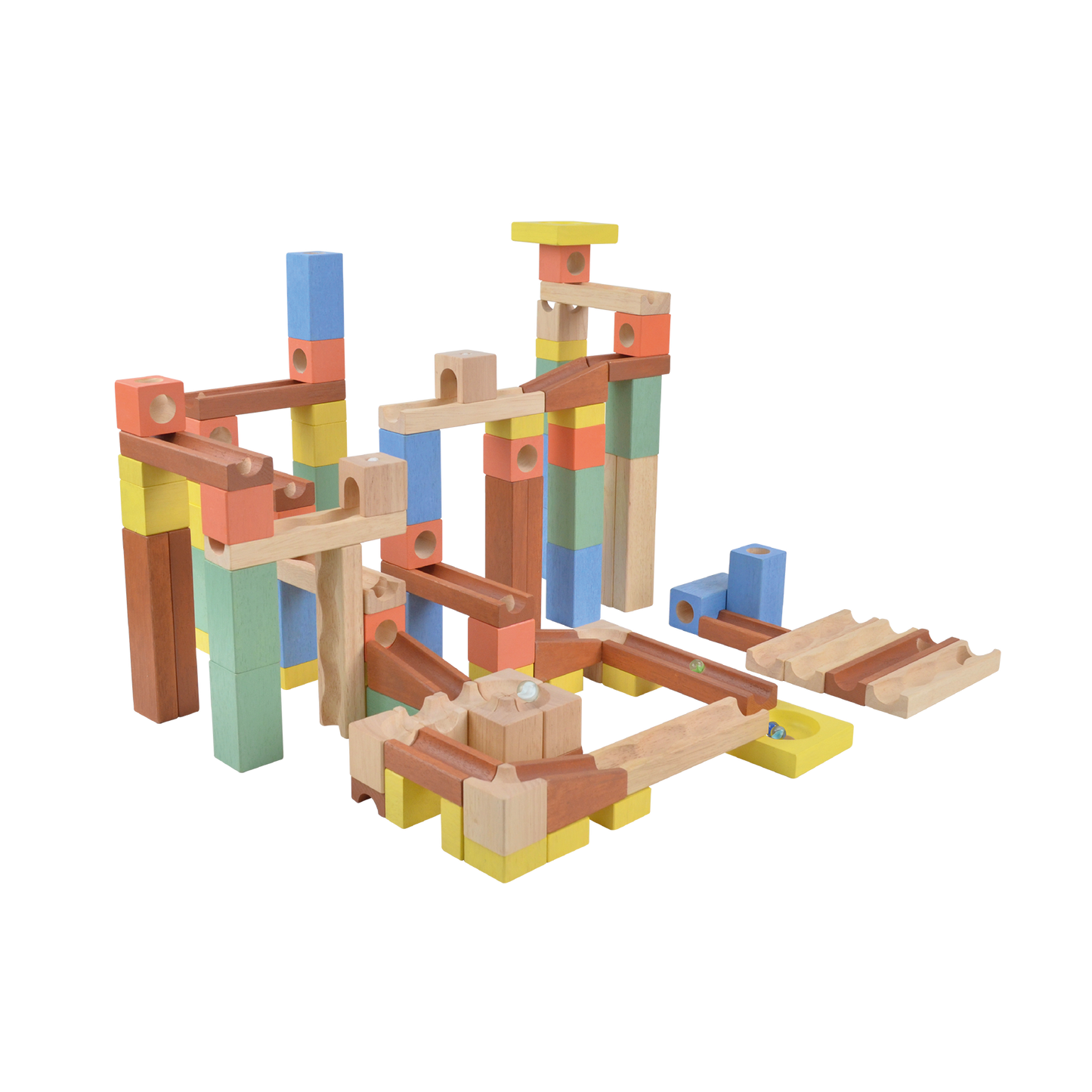 A wooden marble track set with multicolored wooden pieces and a marble run structure.