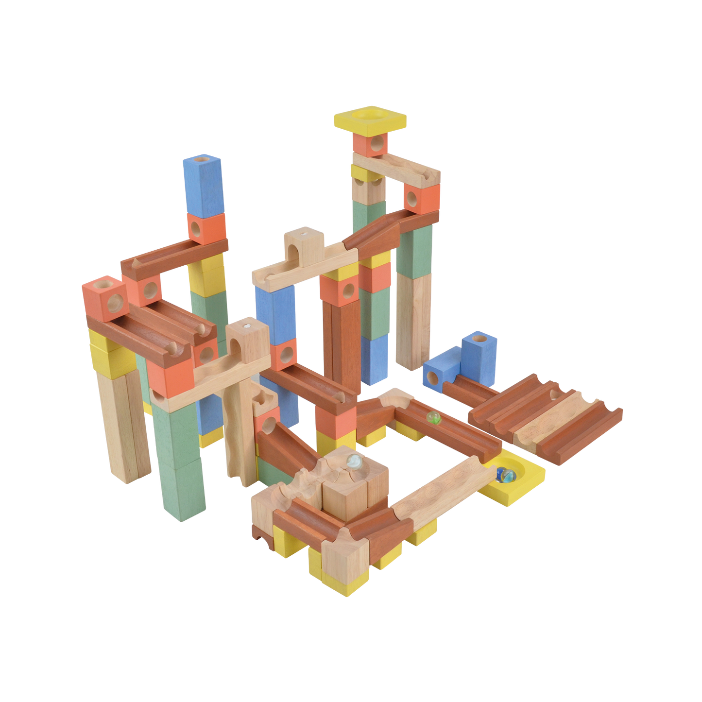 A wooden marble track set with multicolored wooden pieces and a marble run structure.