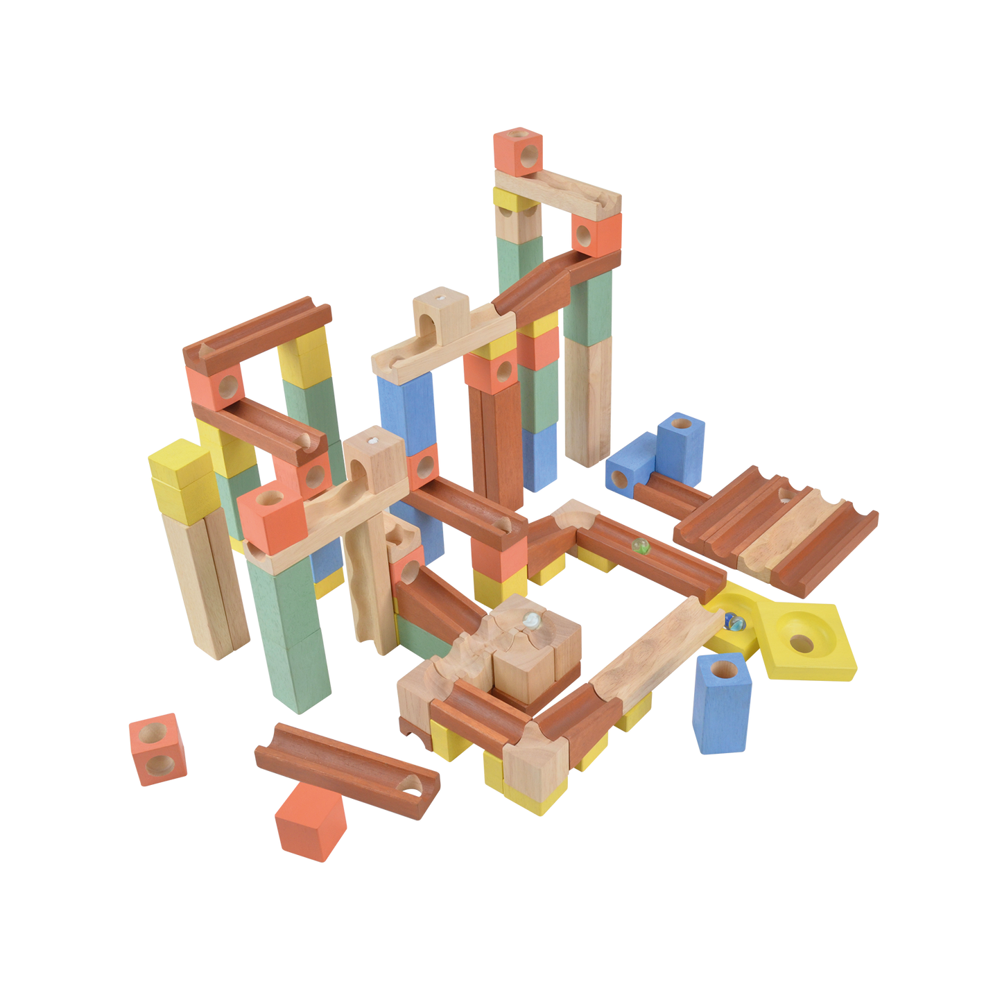 A wooden marble track set with multicolored wooden pieces and a marble run structure.