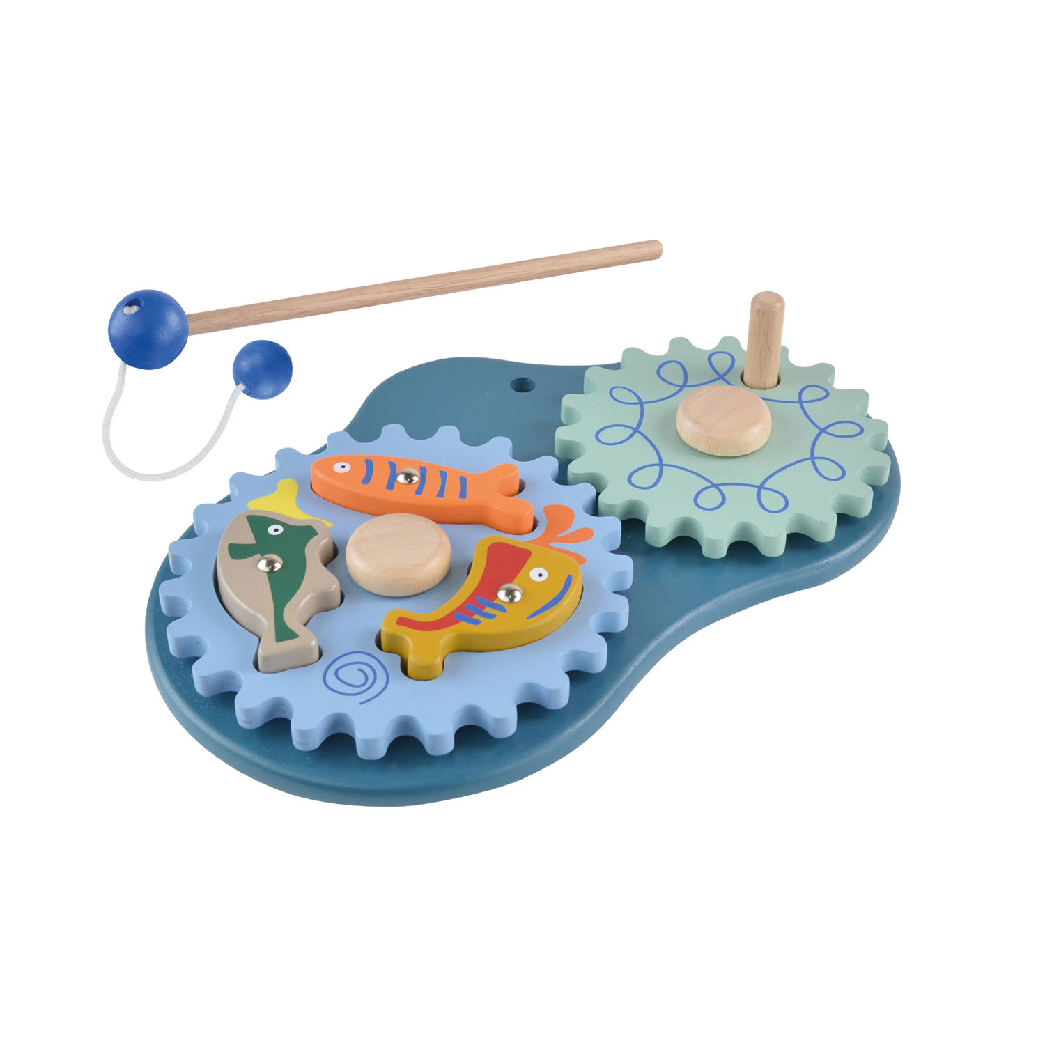 A toy fishing gear set with blue and green gears, a fishing reel, and a few small toy fish on a blue pretend water surface.