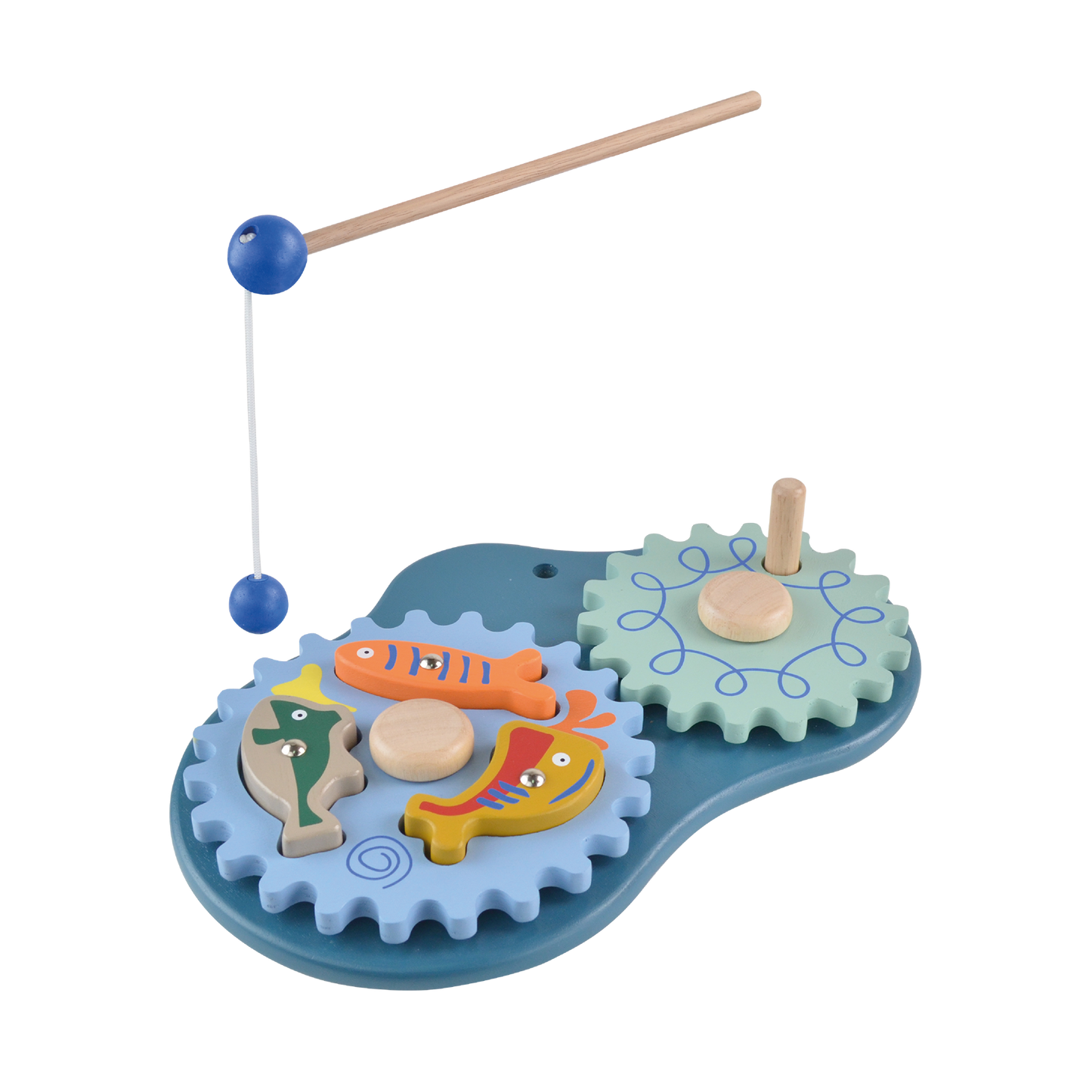 A toy fishing gear set with blue and green gears, a fishing reel, and a few small toy fish on a blue pretend water surface.