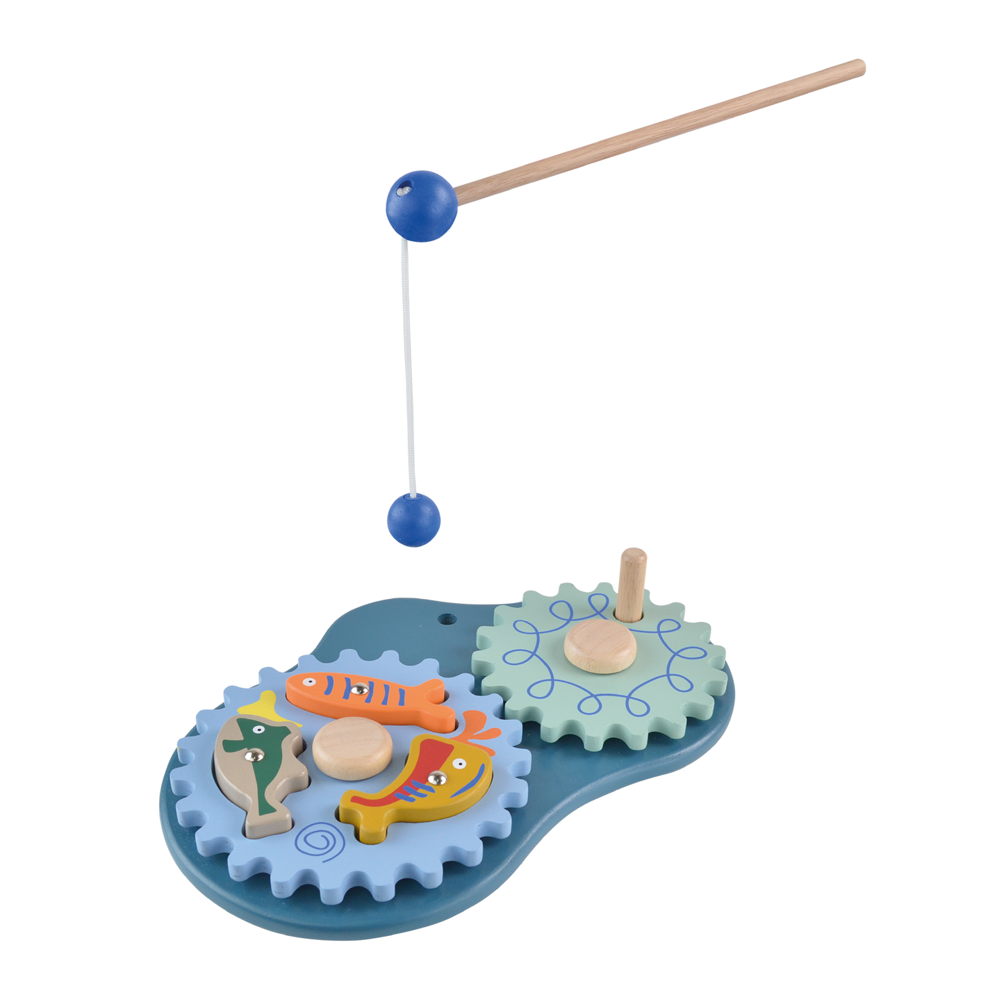 A toy fishing gear set with blue and green gears, a fishing reel, and a few small toy fish on a blue pretend water surface.