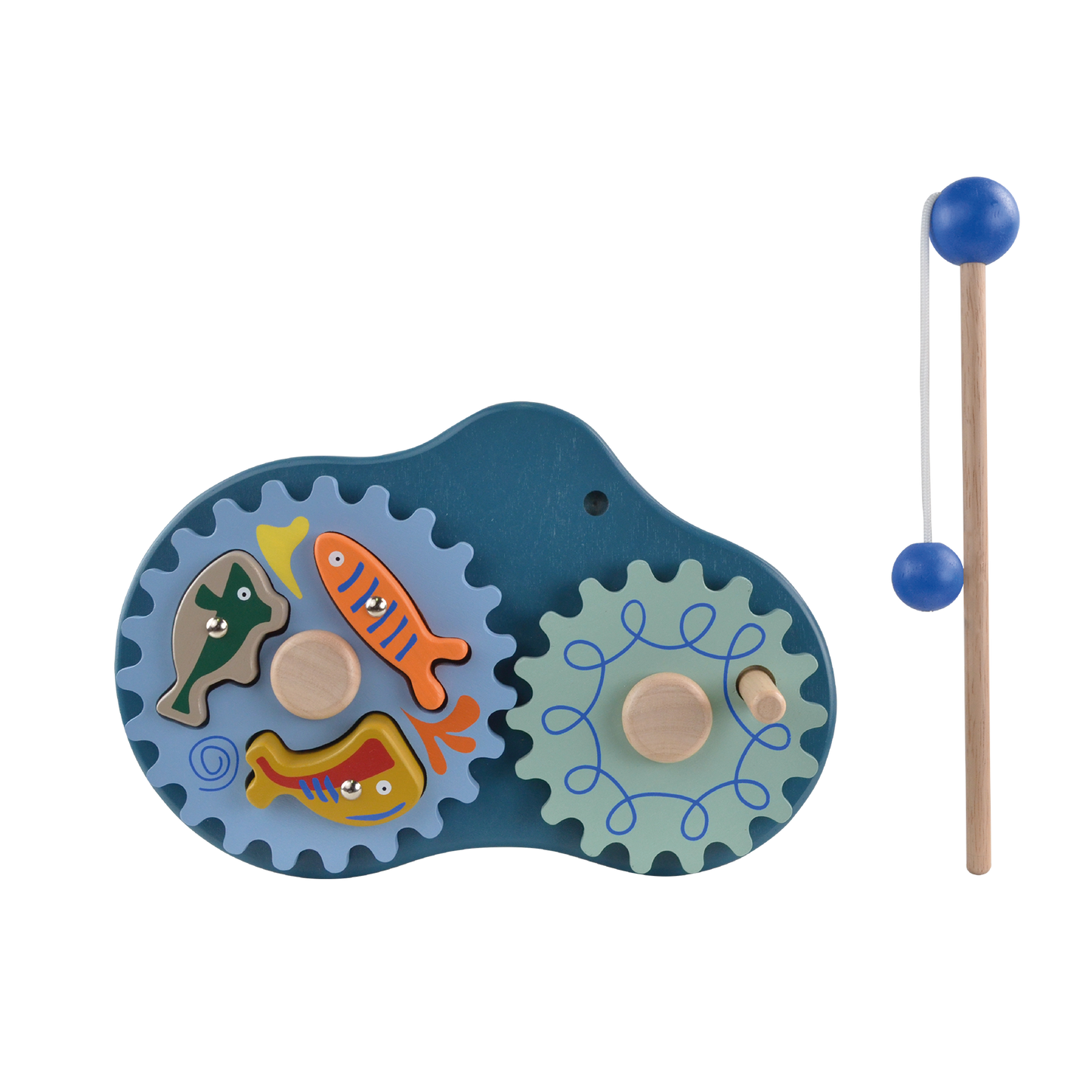 A toy fishing gear set with blue and green gears, a fishing reel, and a few small toy fish on a blue pretend water surface.