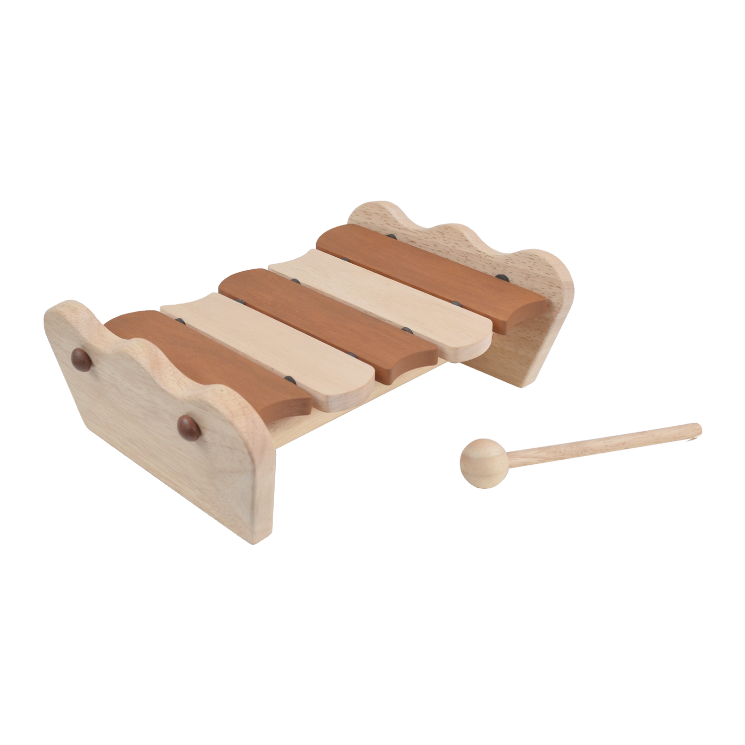 A wooden scallop xylophone with five colorful bars and a wooden mallet, designed for young children.