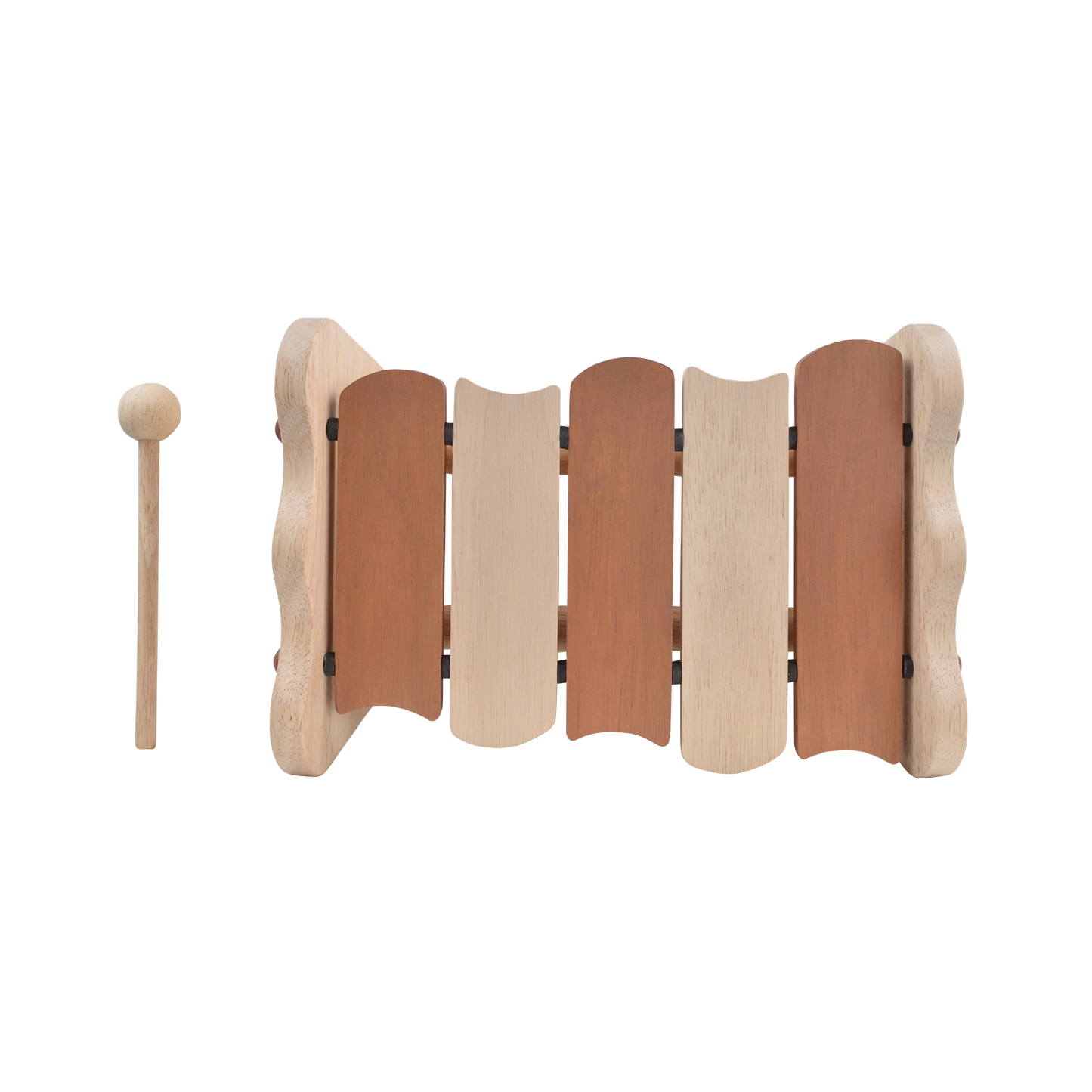 A wooden scallop xylophone with five bars and a beige mallet.