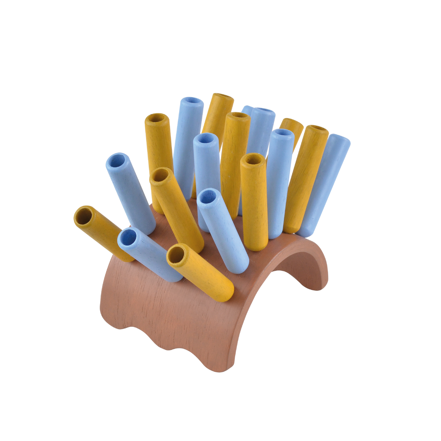 A wooden percussion instrument resembling a sea urchin, with yellow and blue plastic sticks arranged in a circle.