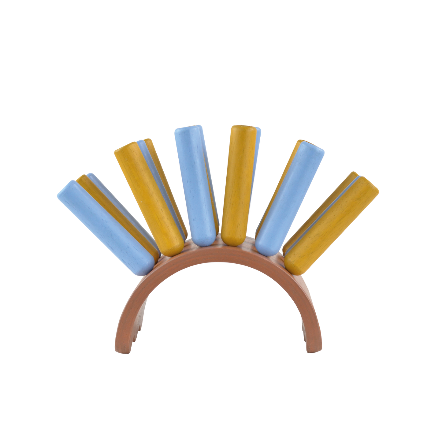 A wooden percussion instrument resembling a sea urchin, with yellow and blue plastic sticks arranged in a circle.