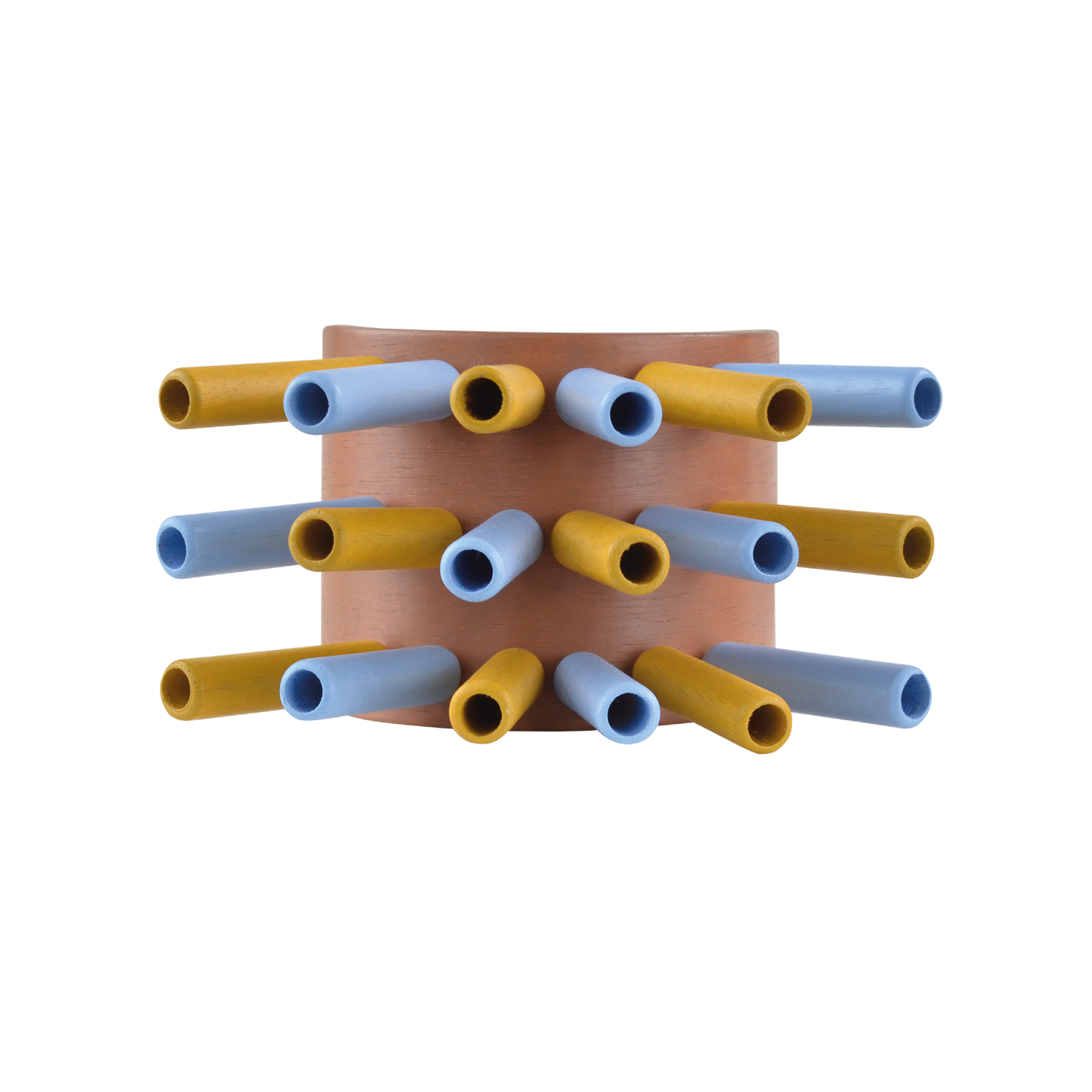 A wooden percussion instrument resembling a sea urchin, with yellow and blue plastic sticks arranged in a circle.