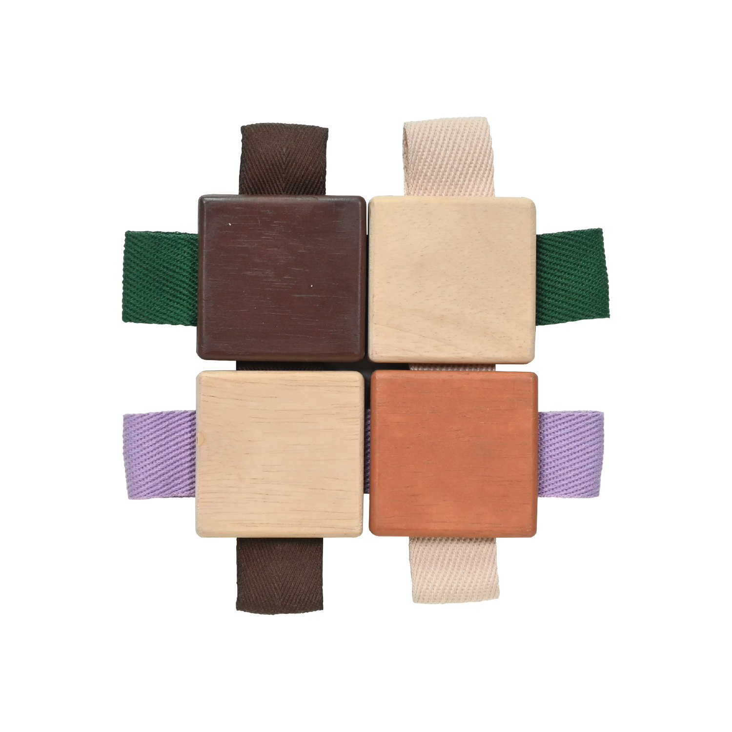 A set of Brown and Natural wood checker tiles with looped ribbons, designed for infant sensory development.