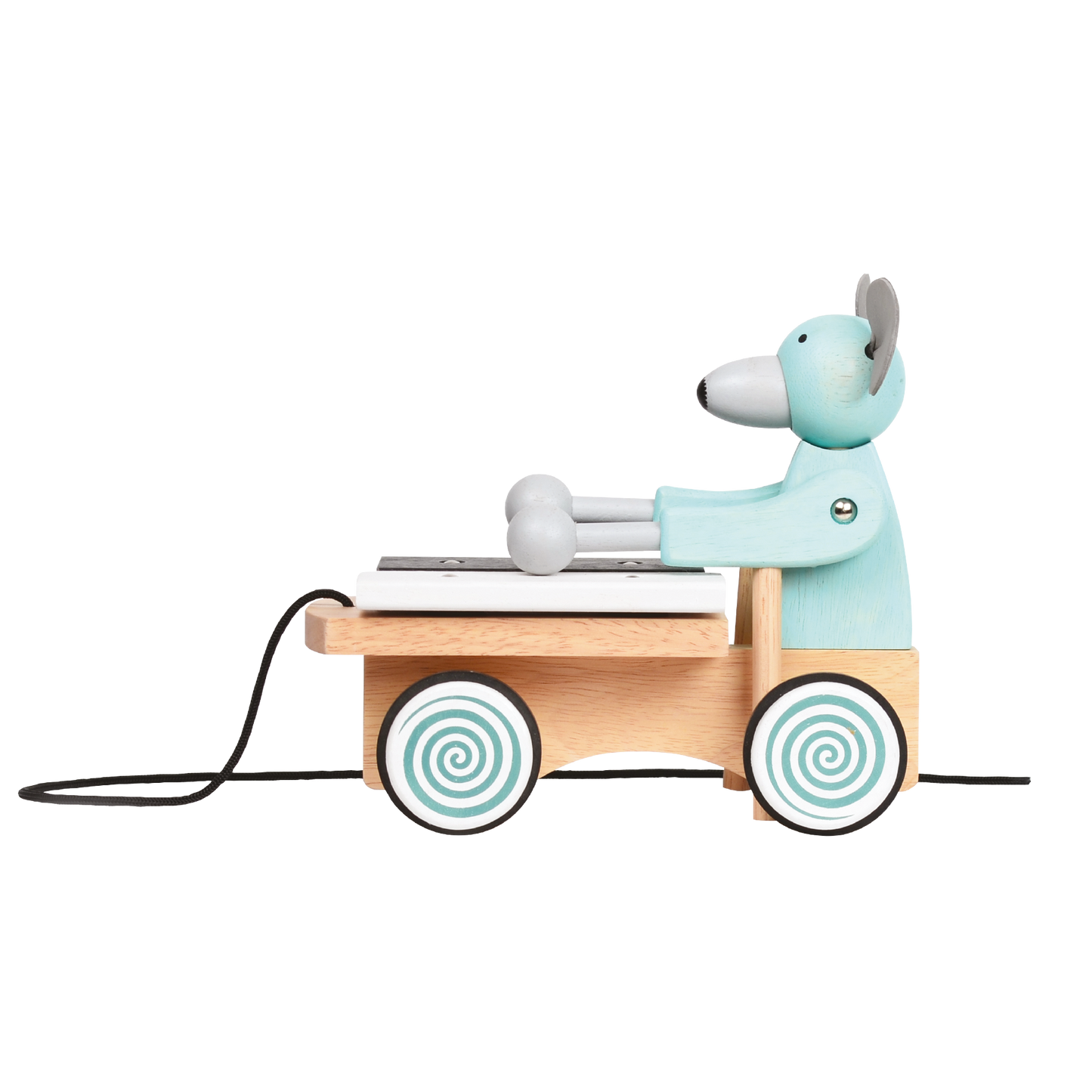 A plush toy xylophone in the shape of a mouse with a blue body, black and white accents, and a wooden xylophone cart with spinning wheels.