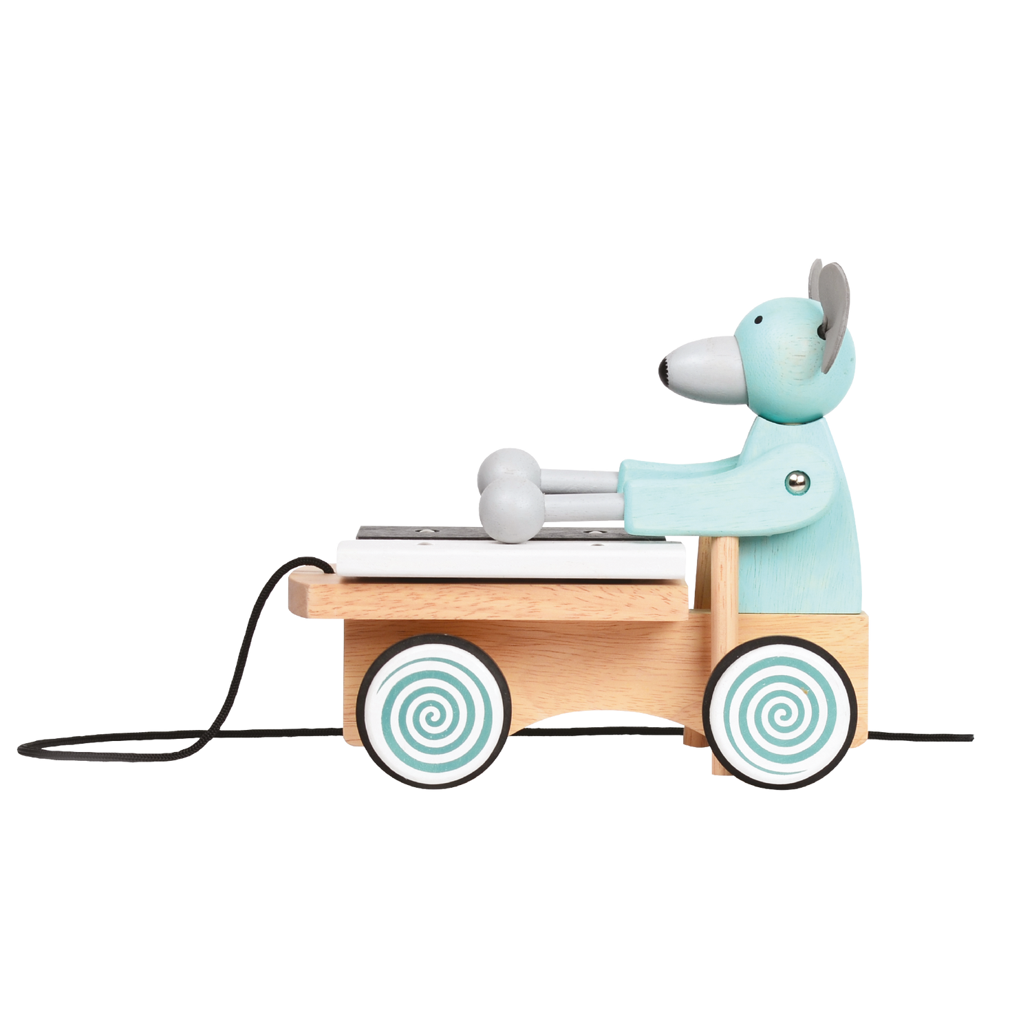 A plush toy xylophone in the shape of a mouse with a blue body, black and white accents, and a wooden xylophone cart with spinning wheels.