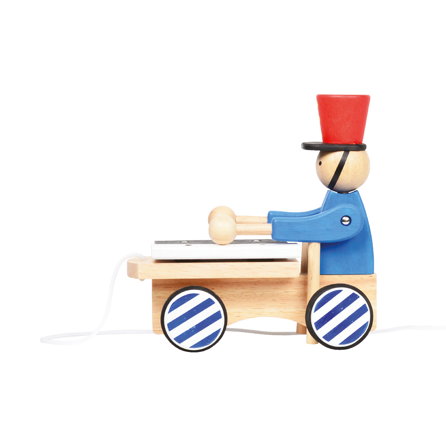 A wooden pull-along toy featuring a character resembling Pinocchio with a red hat, blue jacket, attached to a small wooden xylophone on wheels with a blue and white zig-zag pattern.