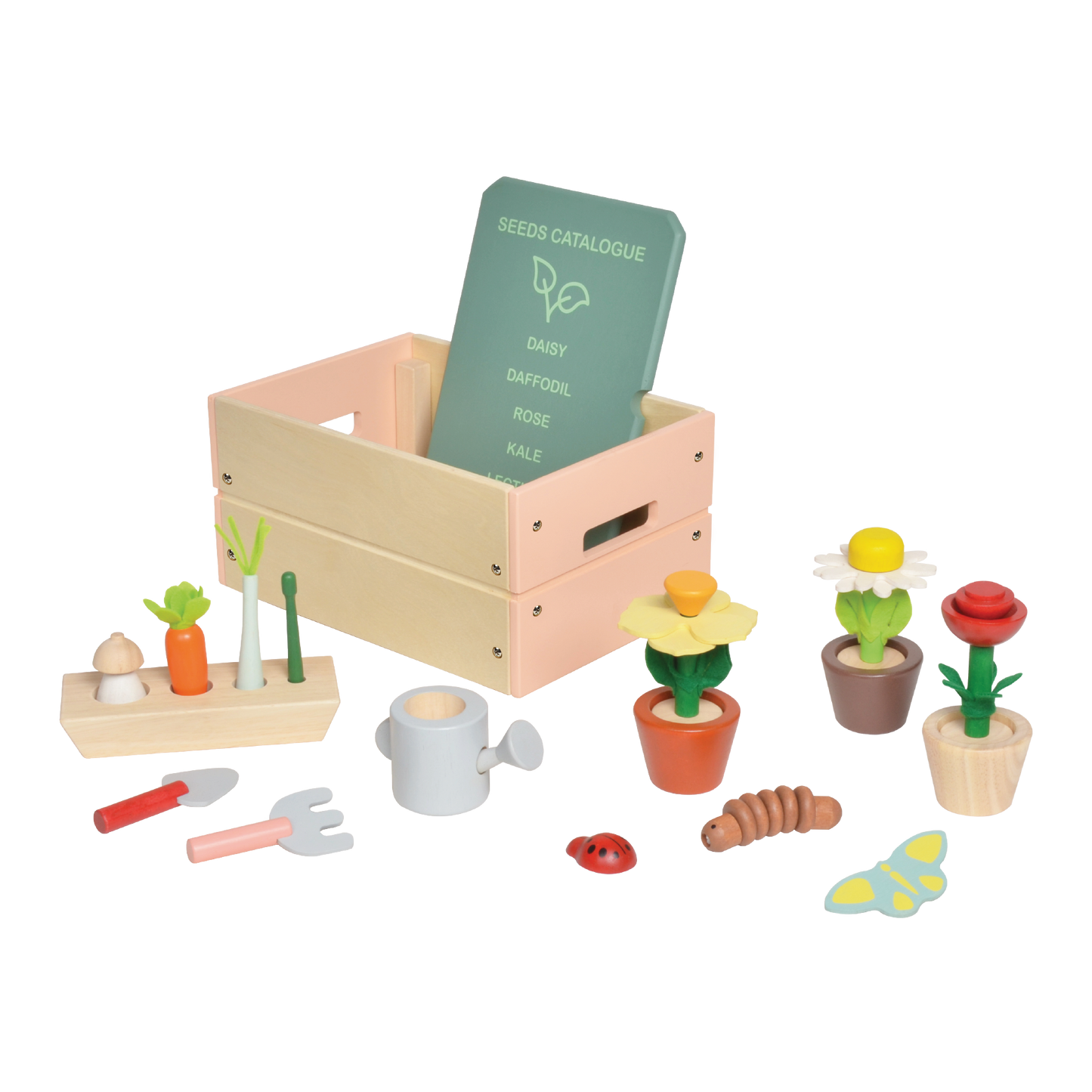 A wooden garden shop playset with various toy plants, pots, gardening tools, and a sign indicating a 'Garden Catalogue'.