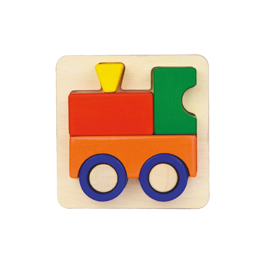 A colorful wooden train tray puzzle with a train shape on a wooden board.