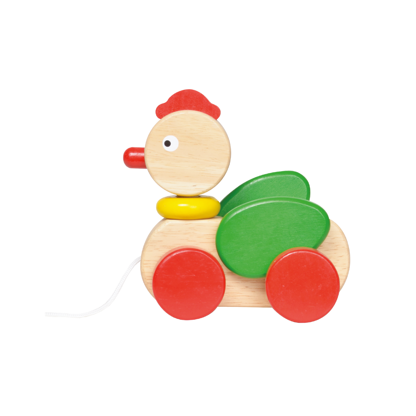 A colorful wooden toy resembling a rooster with wheels and a pull-string.