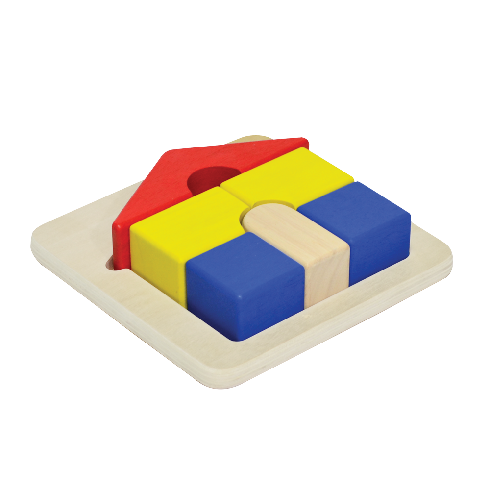 A wooden house-shaped tray puzzle with red, yellow, and blue pieces.
