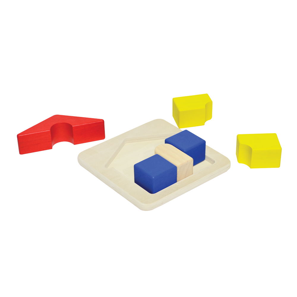 A wooden house-shaped tray puzzle with red, yellow, and blue pieces.