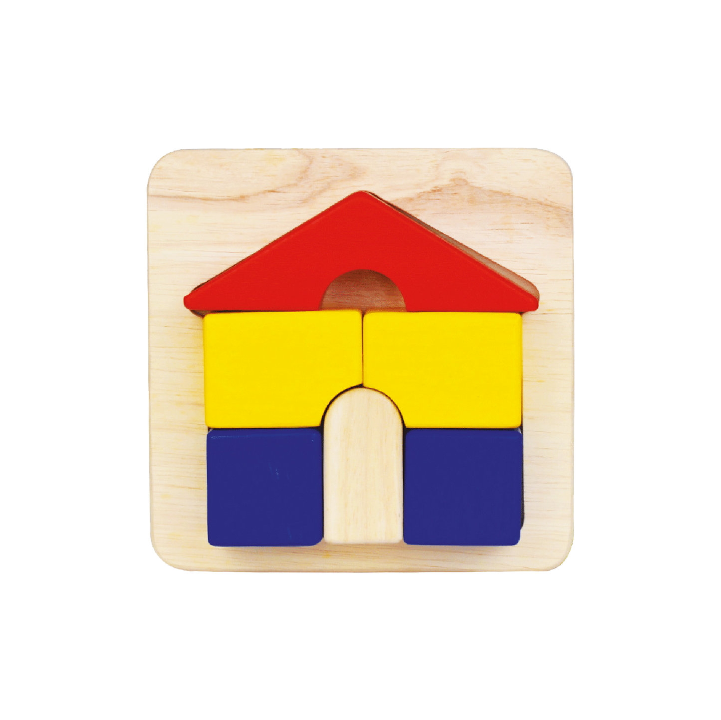A wooden house-shaped tray puzzle with red, yellow, and blue pieces.