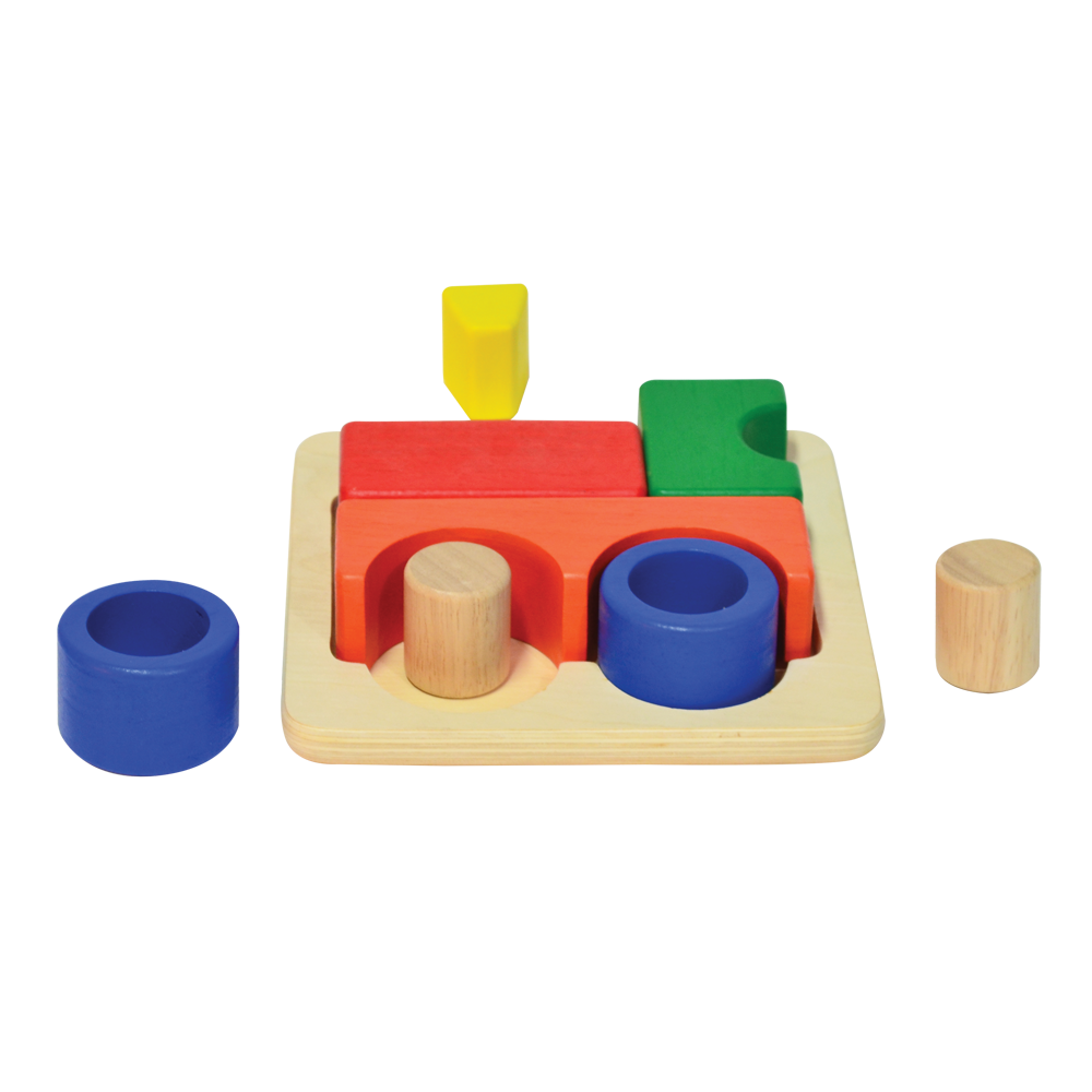 A colorful wooden train tray puzzle with a train shape on a wooden board.