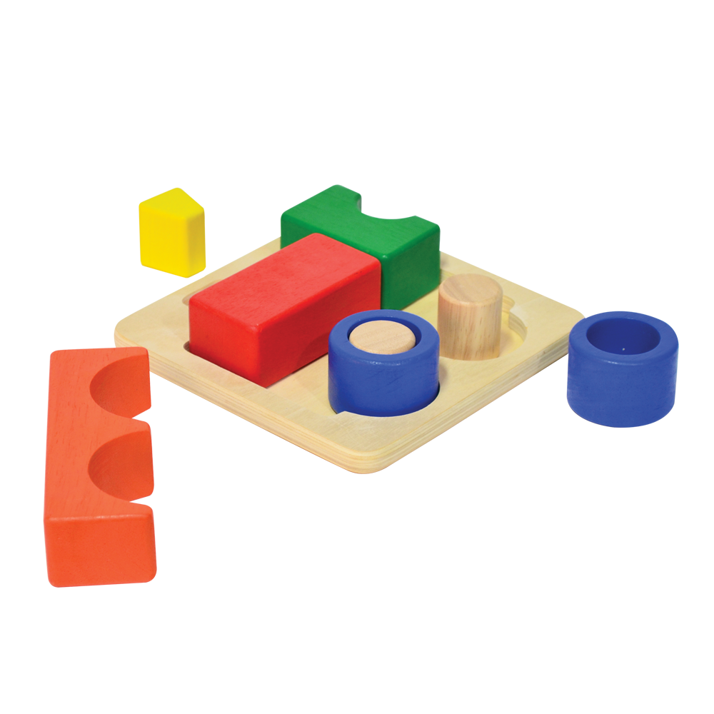 A colorful wooden train tray puzzle with a train shape on a wooden board.