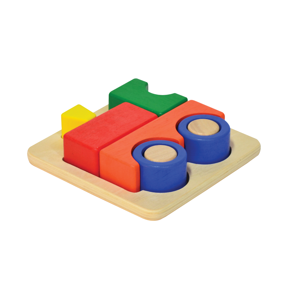 A colorful wooden train tray puzzle with a train shape on a wooden board.