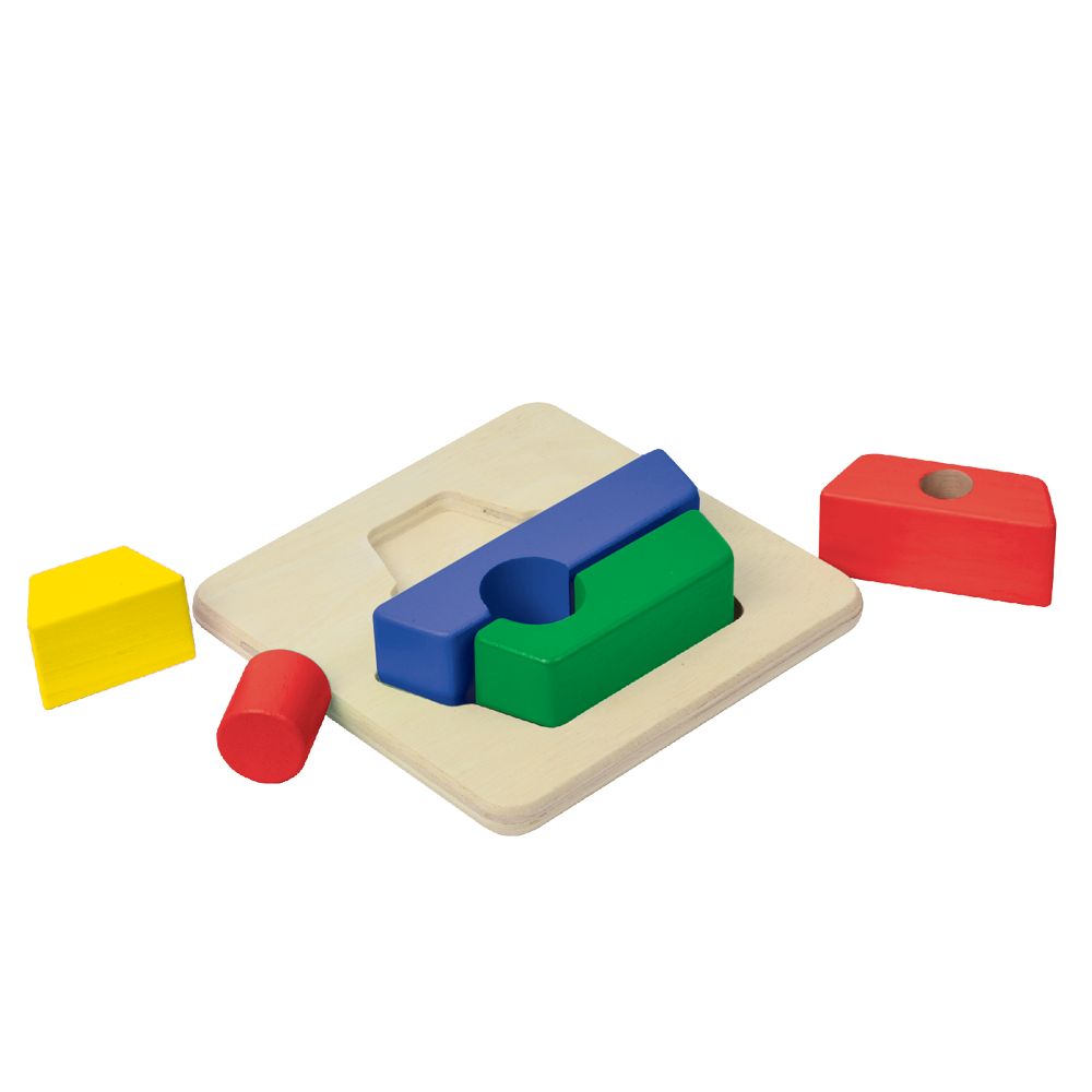 A colorful wooden boat tray puzzle with large block pieces in red, blue, green, and yellow.