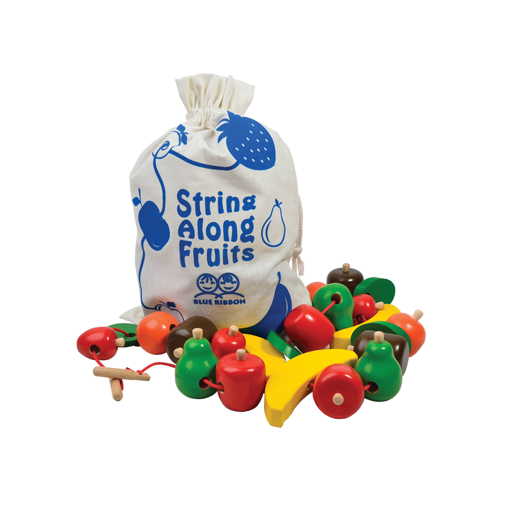 A colorful stringing toy with chunky beads shaped like fruits and a wooden needle, arranged to form a spiral.