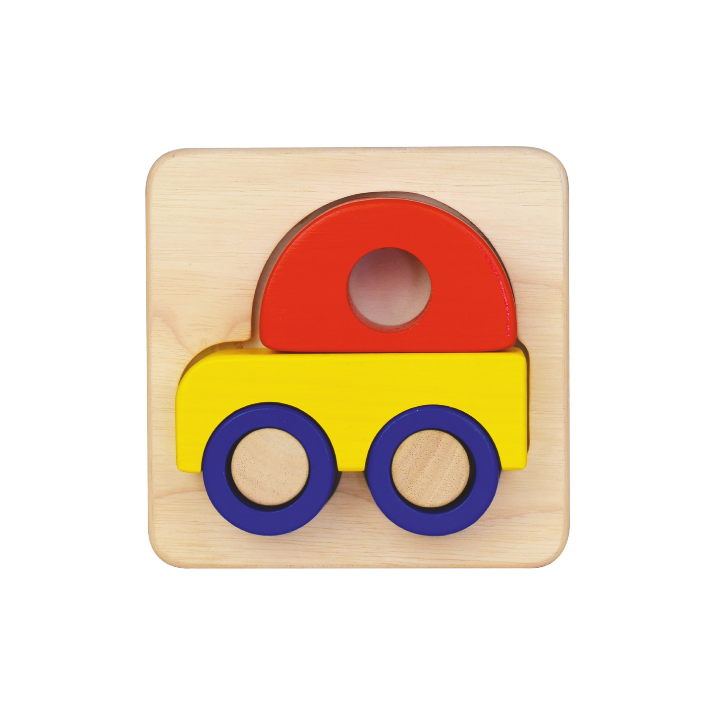 A wooden car tray puzzle with large block pieces in red, blue, and yellow colors designed for young children.
