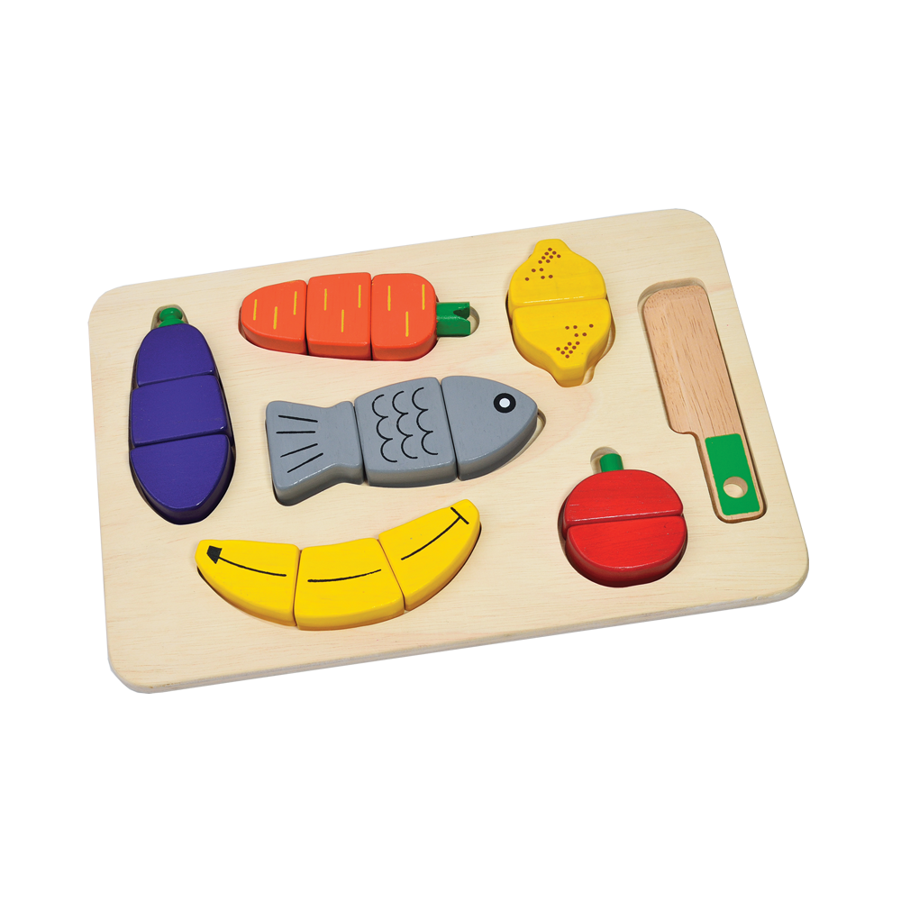 A wooden shape sorting toy with colorful fruit and vegetable pieces, and a pretend knife.