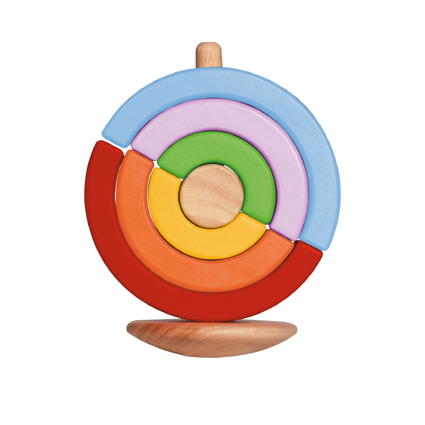 Wooden stacking toy with graduated half-circle pieces to place on a rod. Encourages recognition of size and balance, fine motor skill development, and turn-taking play.