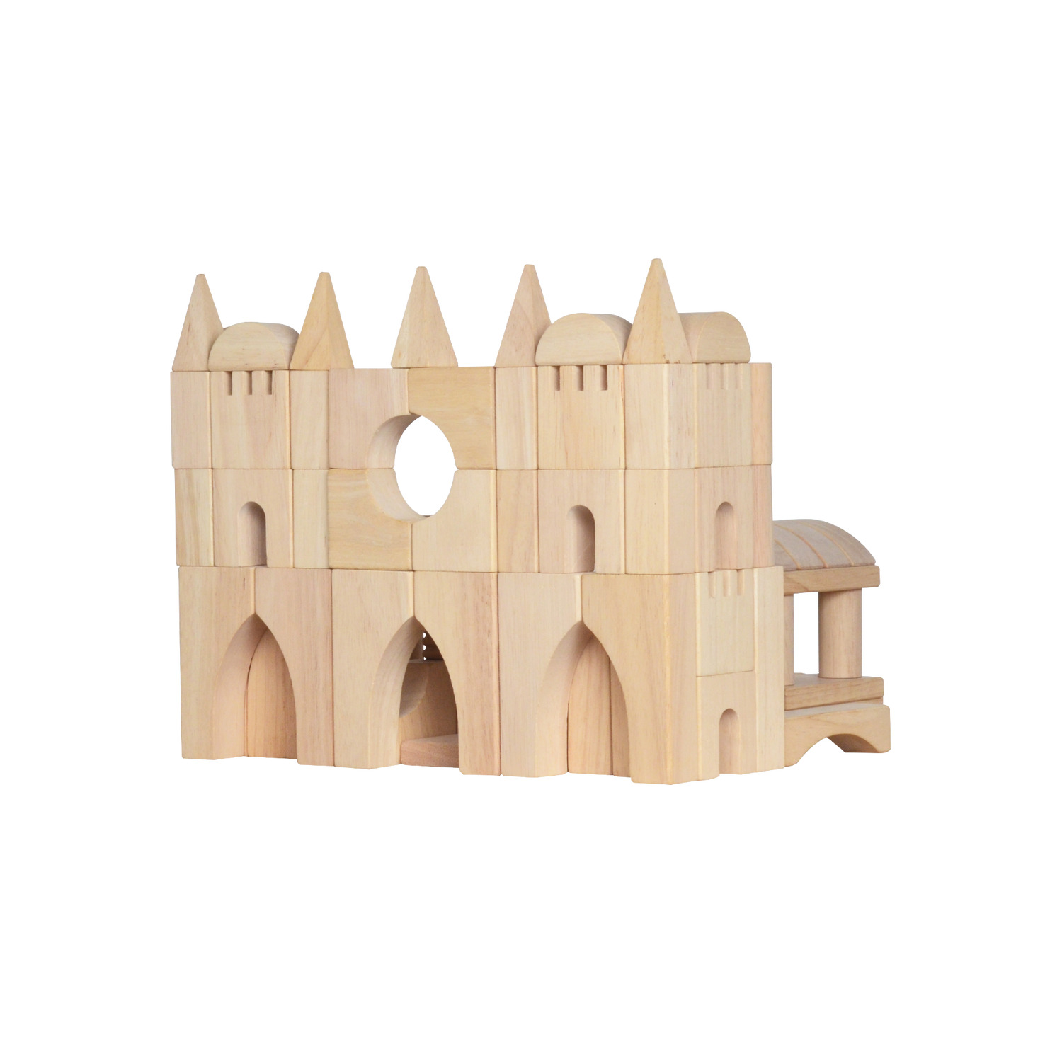 A wooden block construction representing a complex architectural structure with arched windows and a central circular opening.