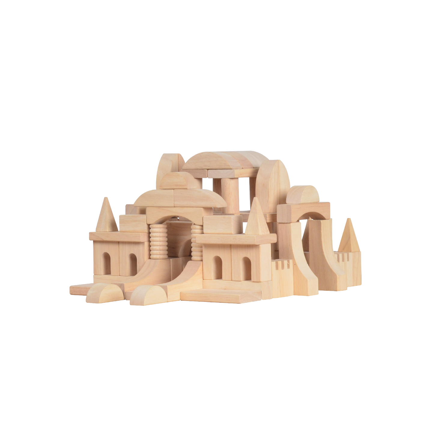 A wooden block construction representing a complex architectural structure with arched windows and a central circular opening.