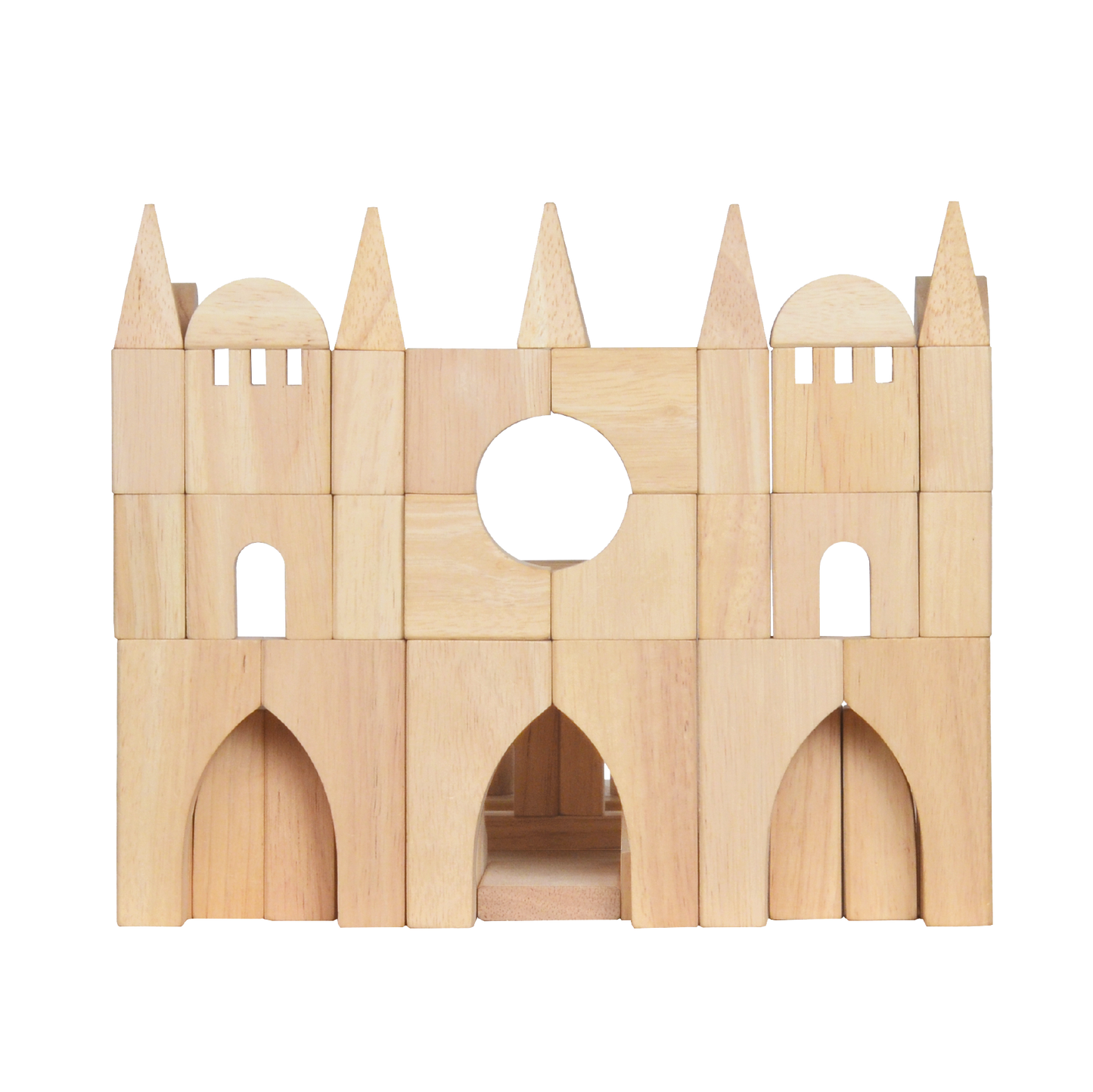 A wooden block construction representing a complex architectural structure with arched windows and a central circular opening.