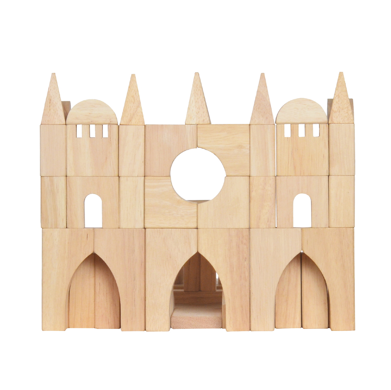 A wooden block construction representing a complex architectural structure with arched windows and a central circular opening.