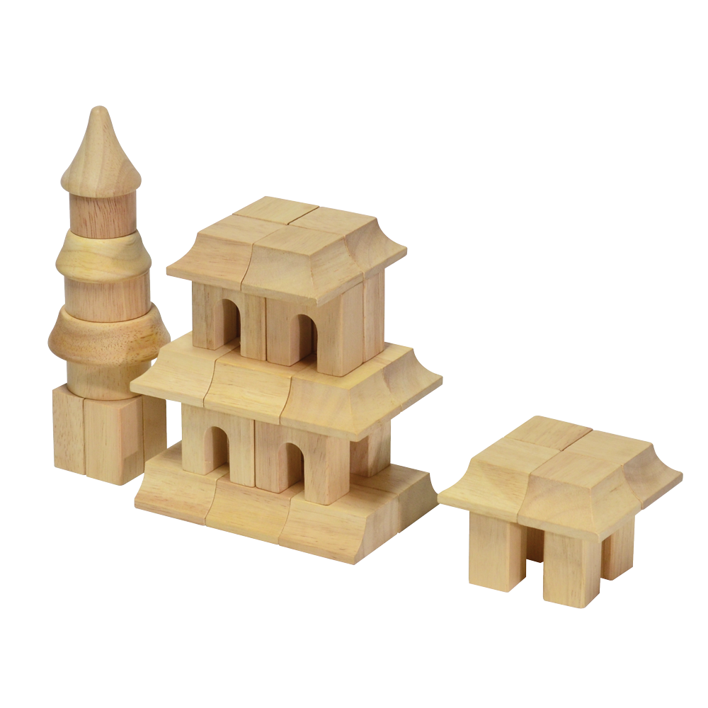 Two wooden block constructions, resembling architectural models, placed against a white background.